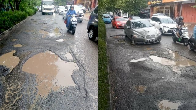 Kondisi Jalan Hertasning Makassar Sebelum ditambal paving block.