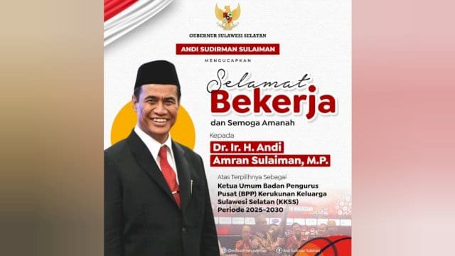 Gubernur Sulsel, Andi Sudirman Sulaiman, menyampaikan ucapan selamat atas terpilihnya Menteri Pertanian RI, Andi Amran Sulaiman Sebagi Ketua Umum KKSS Periode 2025-2030.