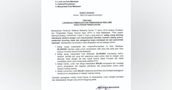 Pemkot Makassar Siapkan sanksi Tegas Bagi Pelaku Usaha yang Paku-Pasang Reklame di Pohon