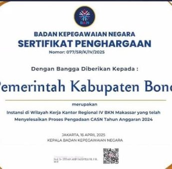 Alhamdulillah! Pemkab Bone Raih Penghargaan dari BKN RI