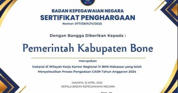 Alhamdulillah! Pemkab Bone Raih Penghargaan dari BKN RI