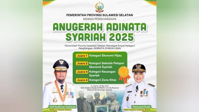 Pemprov Sulsel mencatatkan prestasi membanggakan di ajang Anugerah Adinata Syariah 2025.