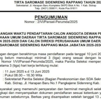 Pendaftaran Calon Dewas dan Direksi Perusda Tirta Saromase Diperpanjang hingga 13 Juni 2025