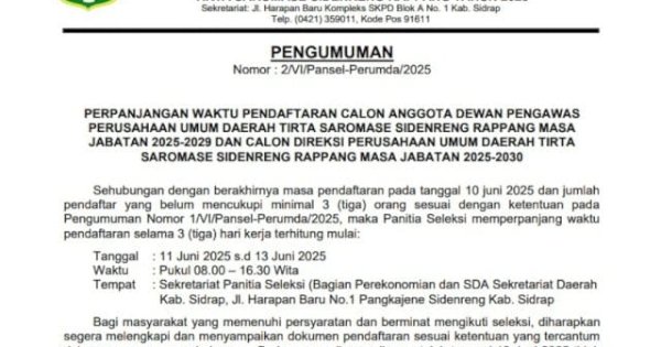 Pendaftaran Calon Dewas dan Direksi Perusda Tirta Saromase Diperpanjang hingga 13 Juni 2025