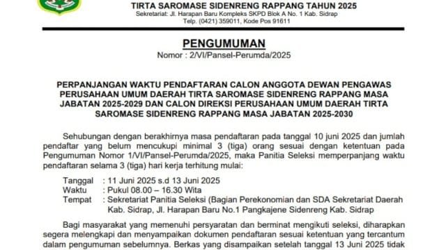 Pengumuman Perpanjangan Pendaftaran Calon Dewas dan Direksi Perusda Tirta Saromase.