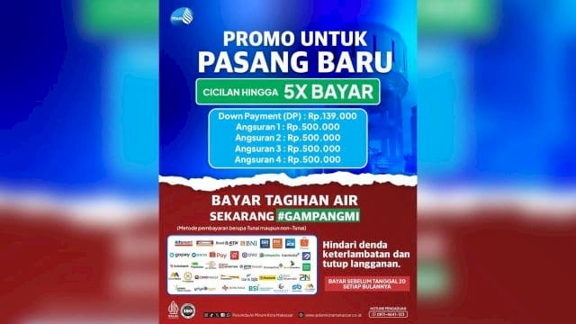 PDAM Makassar Tawarkan Promo Menarik Pemasangan Sambungan Baru, Cicilan Ringan Hingga 5 Kali Bayar!