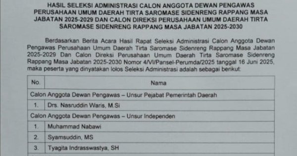 Pansel Calon Dewas-Direksi Perumda Tirta Saromase Umumkan Hasil Seleksi, Berikut Nama-namanya