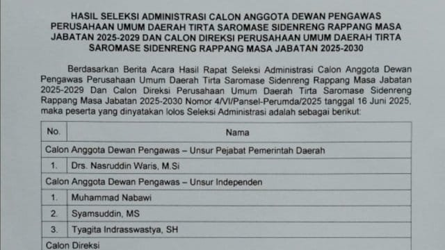 Hasil Seleksi Administrasi Calon Dewan dan Direksi Perumda Tisrta Satomase Sidrap.