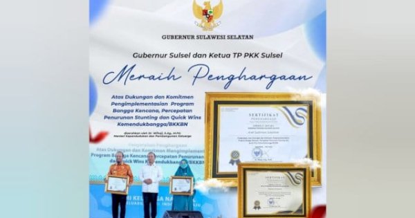 Pemprov Sulsel Raih Penghargaan Quick Wins dari Kemendukbangga/BKKBN