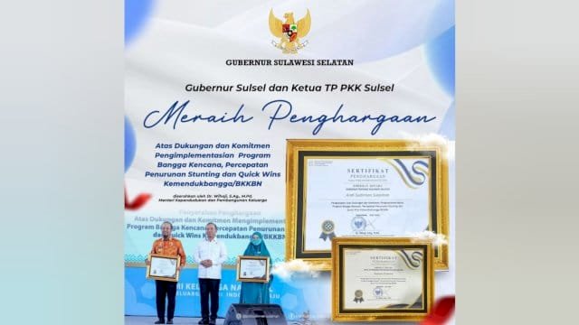 Pemprov Sulsel Raih Penghargaan Quick Wins dari Kemendukbangga/BKKBN
