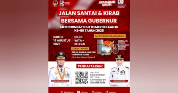 Besok, Pemprov Sulsel Gelar Jalan Santai dan Kirab Bersama Gubernur dalam Rangka HUT RI ke-80
