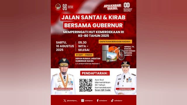 Besok, Pemprov Sulsel Gelar Jalan Santai dan Kirab Bersama Gubernur dalam Rangka HUT RI ke-80