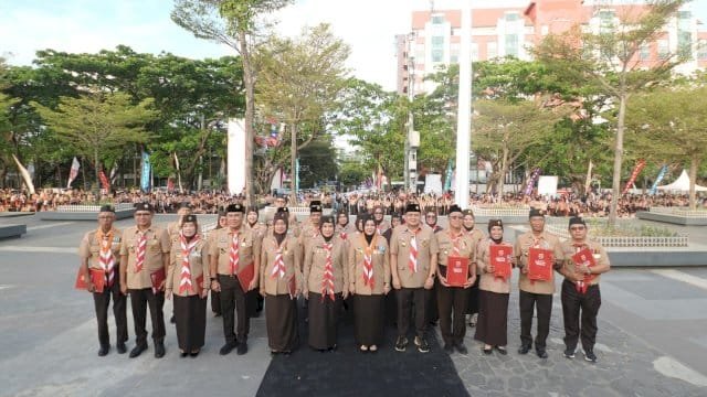 Apel Besar Hari Pramuka ke-64 Tahun 2025 yang digelar oleh Kwartir Cabang Pramuka Kota Makassar, di Anjungan City of Makassar.