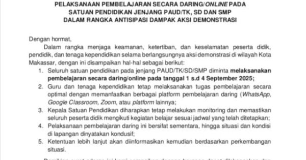 Empat Hari Sekolah Online, Disdik Makassar: Belajar Daring 1–4 September
