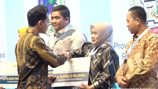 Wakil Bupati Sidrap Nurkanaah, saat menerima penghargaan.